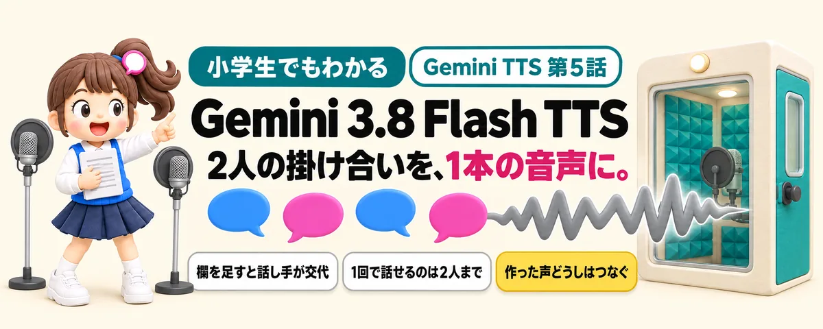 Gemini 3.8 Flash TTS 第5話 Gemini TTSで2人の掛け合いを作る!ラジオ風の会話を1本の音声に