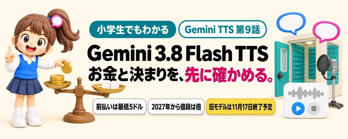 Gemini 3.8 Flash TTS 第9話 Gemini TTSのお金と決まり!無料の回数・前払い・声の権利をまとめて確認