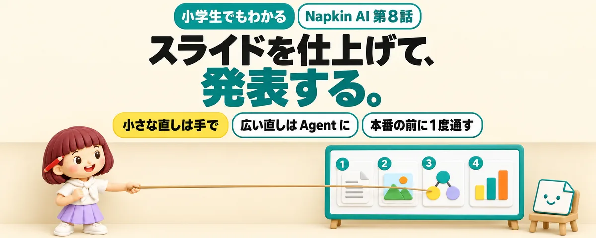 Napkin AI 第8話 Napkin Slidesの仕上げ方!直す・並べ方を変える・発表する・書き出す