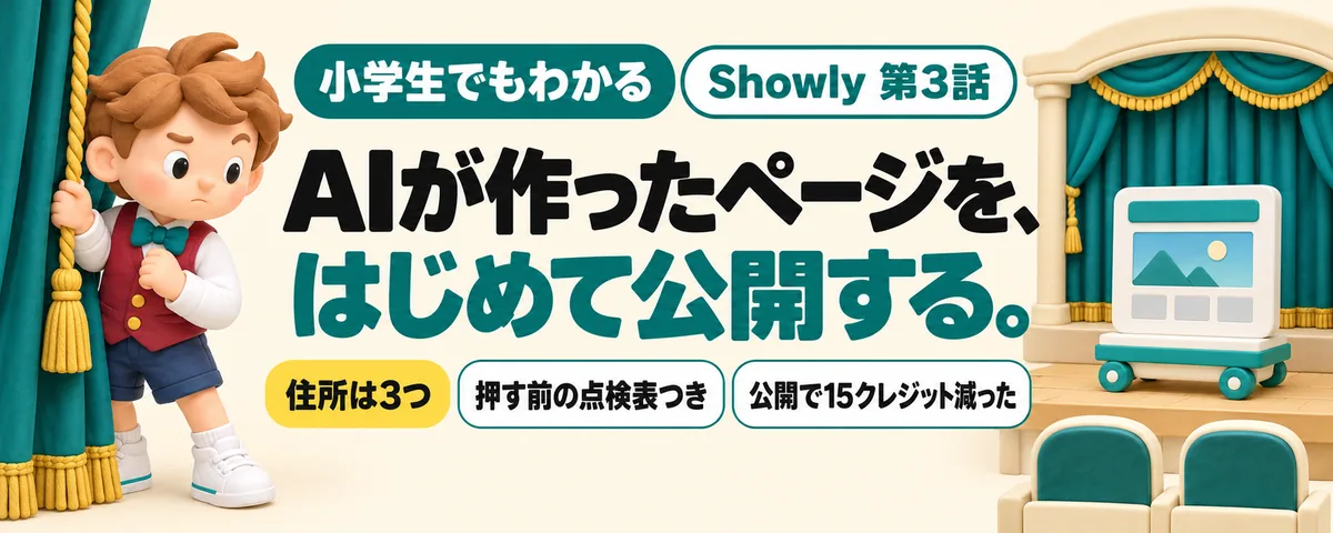 Showly 第3話 AIが作ったページを、はじめて世界に出す!Showlyで公開ボタンを押す前に見ること
