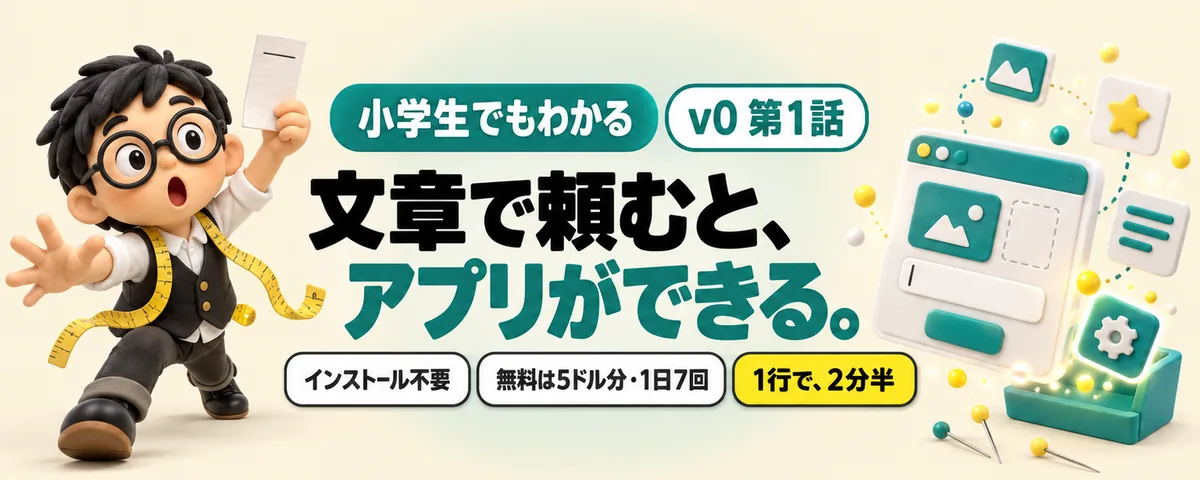 v0 第1話 v0始め方ガイド!文章で頼むとWebアプリができる。無料の範囲と気をつけること