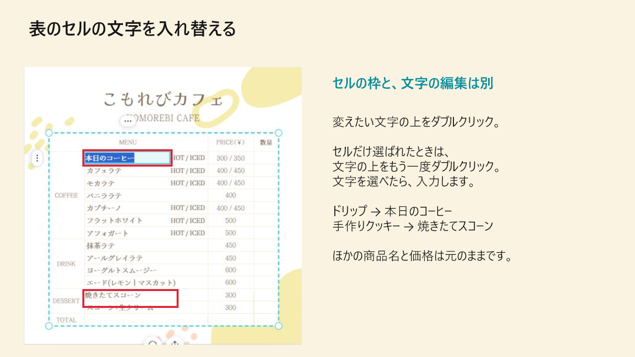 表のセルの文字を入れ替える。クリックで拡大