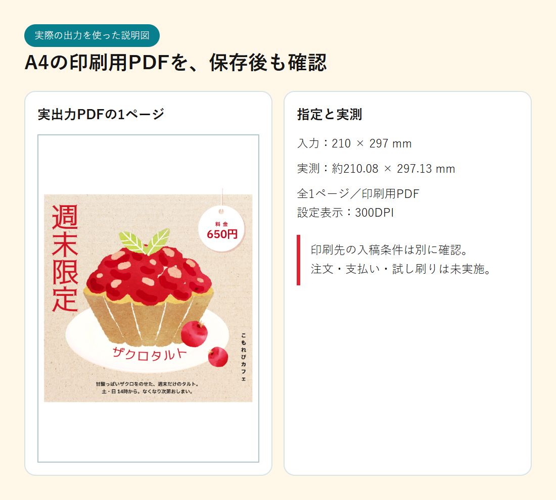 実取得のA4印刷用PDFと寸法の説明。入力210×297mmに対し、内部のページ寸法は約210.08×297.13mm、1ページ。