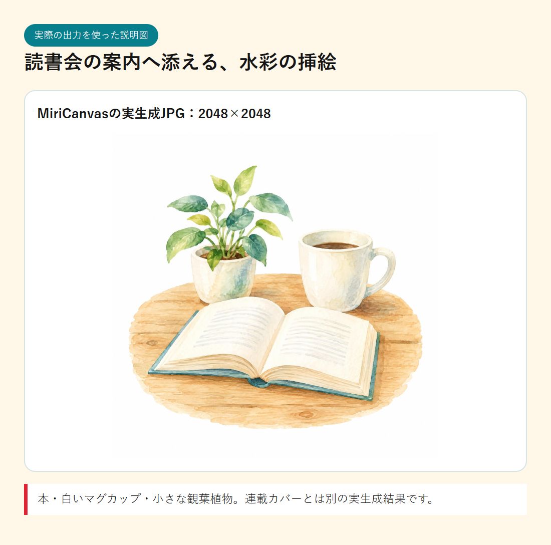MiriCanvasのAIで生成した2048×2048の水彩挿絵。本、白いマグカップ、小さな植物が木の机に並ぶ。