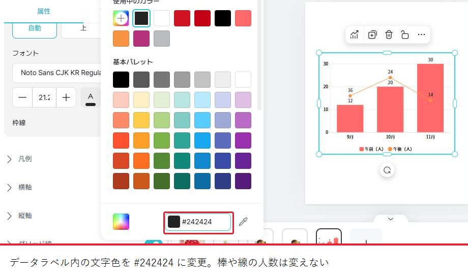実操作のデータラベルの文字色パネル。コード#242424の入力箇所を赤枠で示す。
