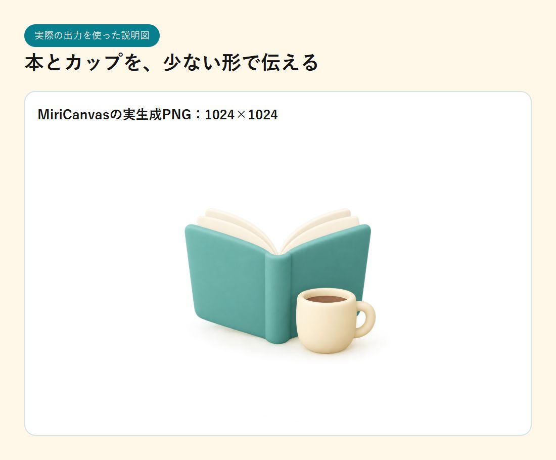 MiriCanvasで生成した本とカップの1024×1024アイコン。青緑の開いた本とクリーム色の小さなカップ。