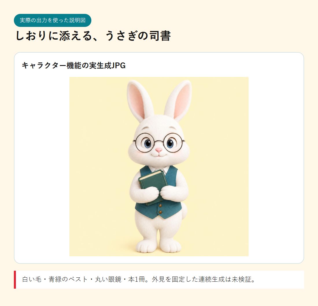 MiriCanvasで実生成した白いうさぎの司書。青緑のベストと丸い眼鏡で本を抱える。全身正面で、足先まで入っている。