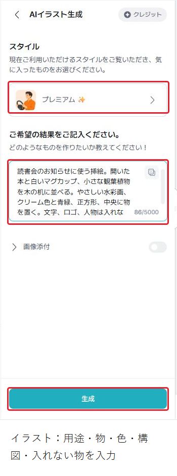 AIツールのイラストでプレミアムを選んだ実画面。86字の全文入力欄と生成ボタンを赤枠で示す。