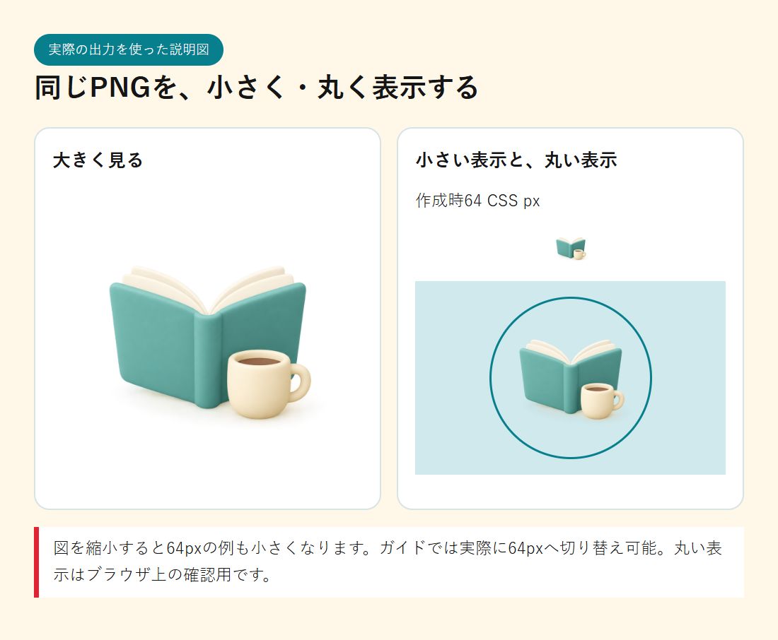 同じ実生成アイコンを大きく、64 CSS px、丸いマスクで表示した比較。丸い表示はブラウザの確認用。